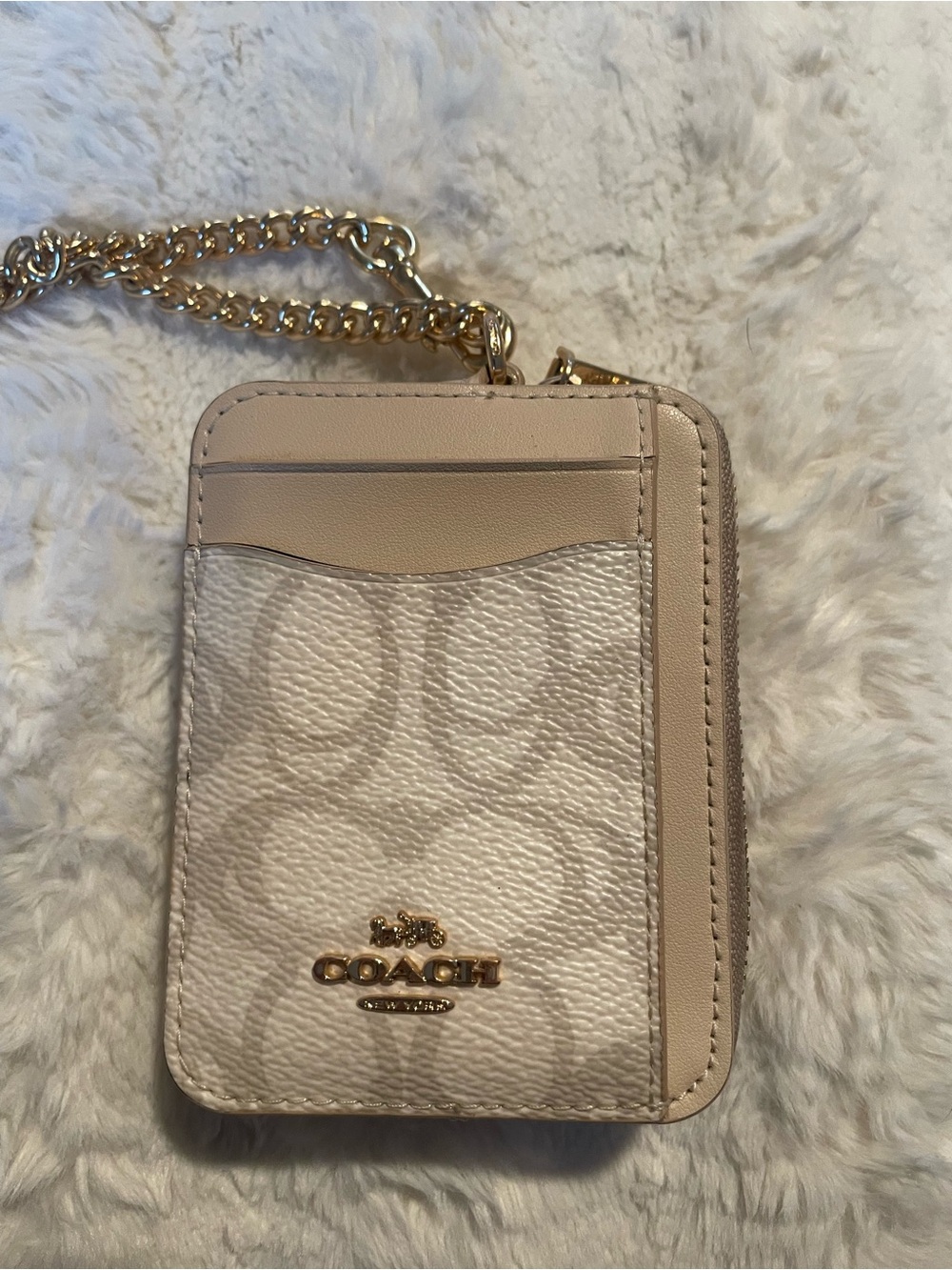 Coach Cream & Beige Zip Signature Zip Wallet with Gold Chain